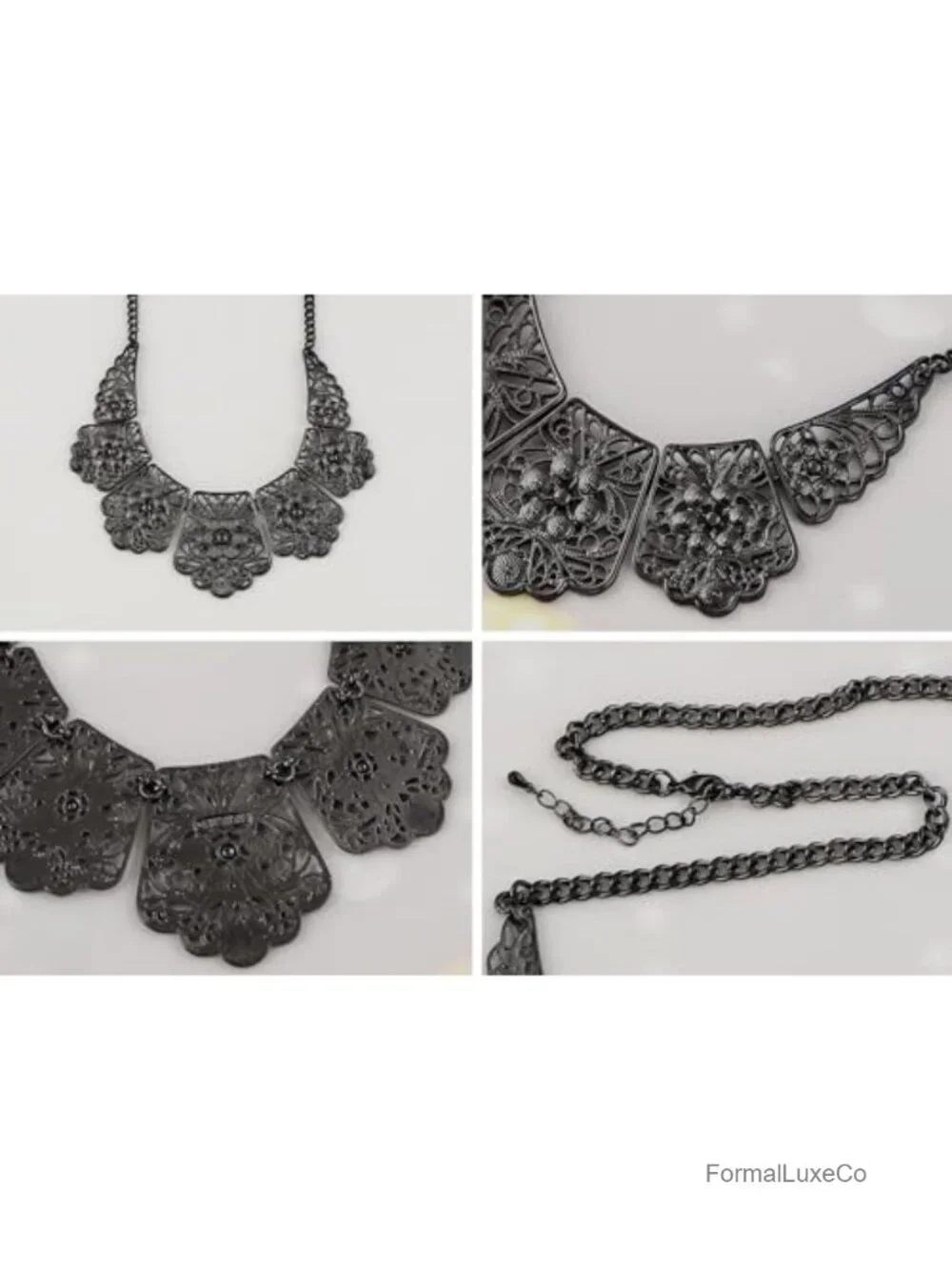 Matte Filigree Floral Cut Out Chunky Statement Bib Collar Necklace Costume